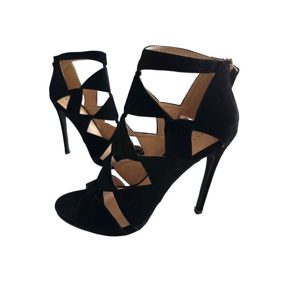 Liliana Black Velvet Heels Diamond Cutouts Open Toe Back Zipper Party Size 8.5 - Picture 5 of 13
